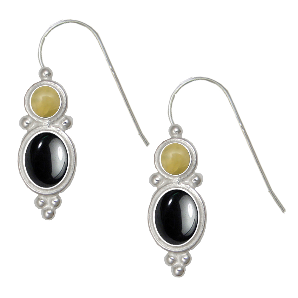 Sterling Silver Drop Dangle Earrings Hematite And Yellow Aragonite